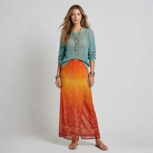 Vintage Y2K Moda International Mesh Wrap Skirt M Orange Red Ombre Maxi Cover Up